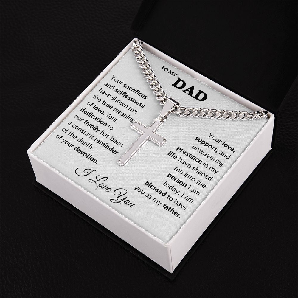 Dad Sacrifices Cuban Chain with Artisan Cross Necklace.