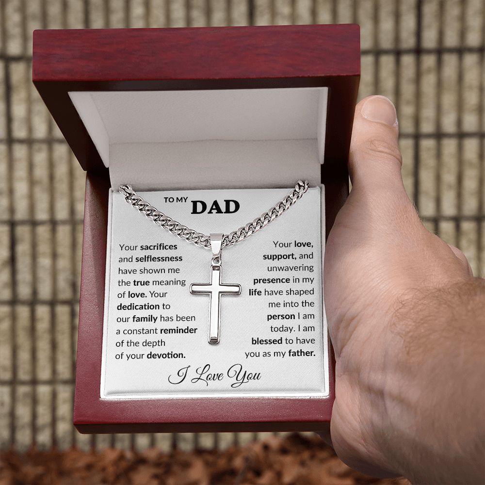 Dad Sacrifices Cuban Chain with Artisan Cross Necklace.