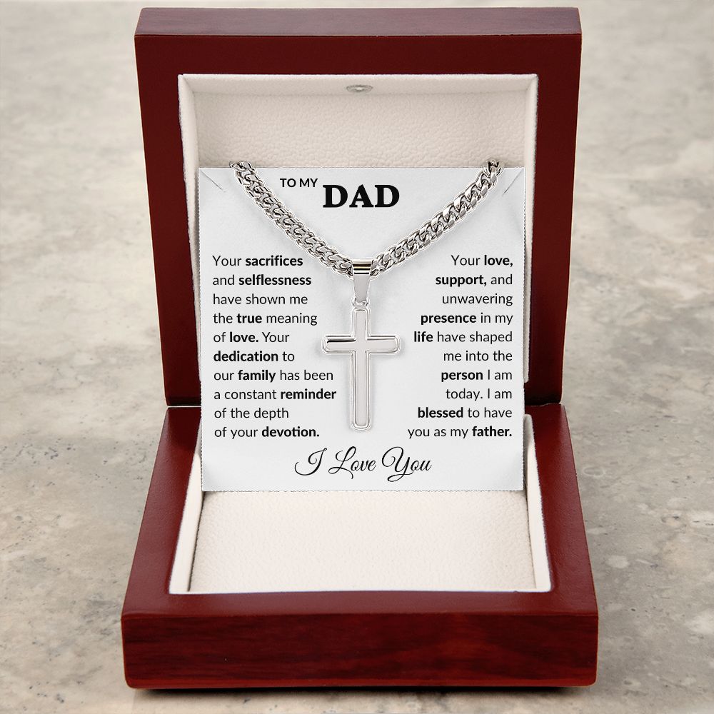 Dad Sacrifices Cuban Chain with Artisan Cross Necklace.