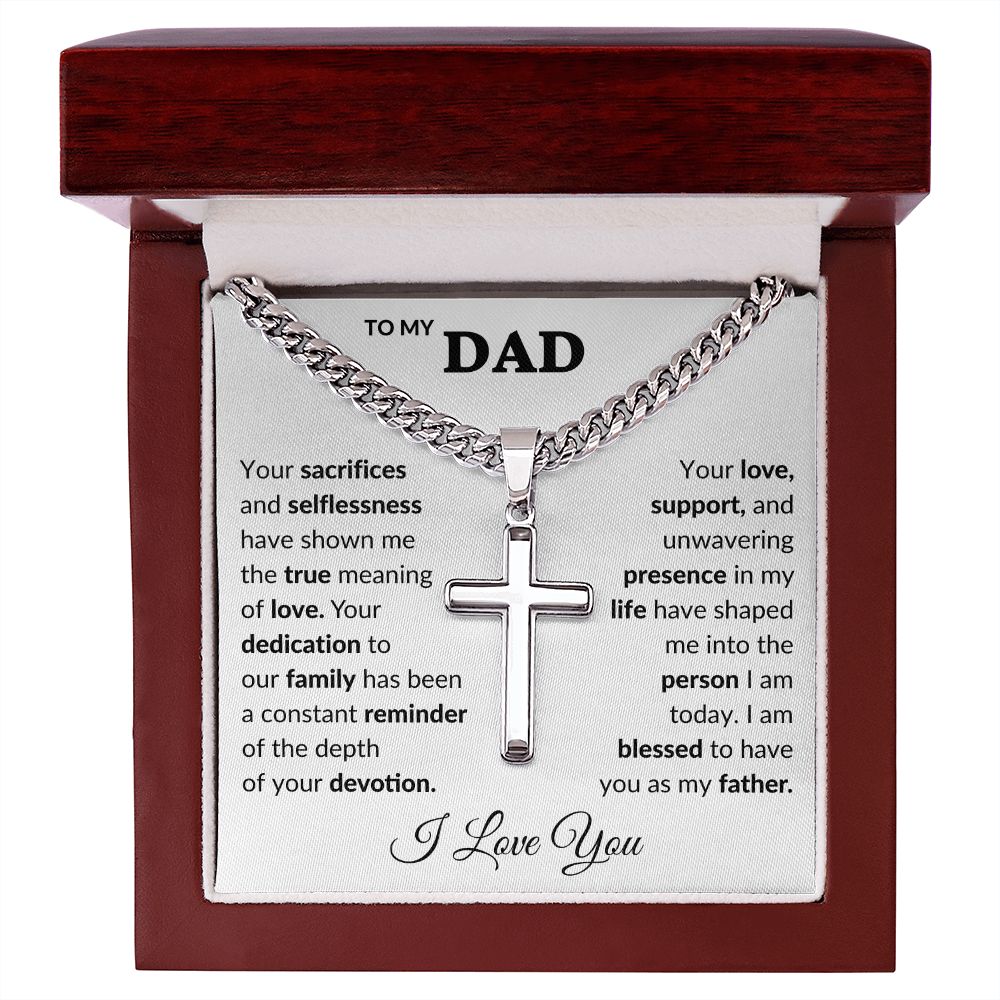 Dad Sacrifices Cuban Chain with Artisan Cross Necklace.