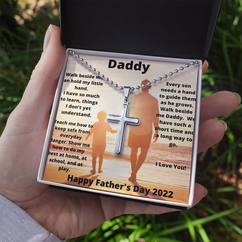 Daddy & Son Hold My Hand/ Stainless Cross Necklace w/ Ball Chain