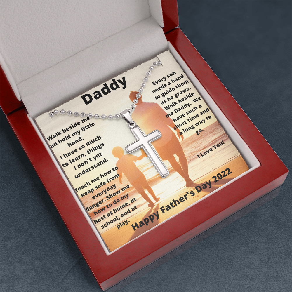 Daddy & Son Hold My Hand/ Stainless Cross Necklace w/ Ball Chain