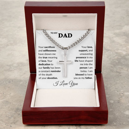 Dad Sacrifices Cuban Chain with Artisan Cross Necklace.