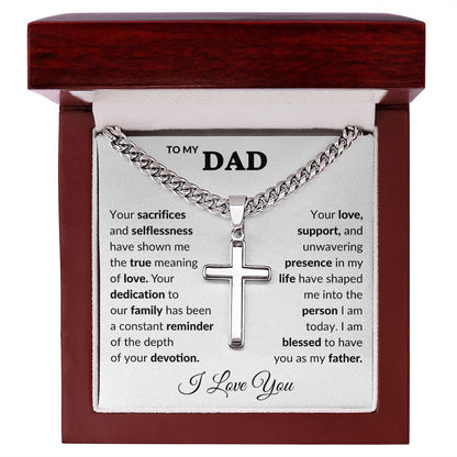 Dad Sacrifices Cuban Chain with Artisan Cross Necklace.