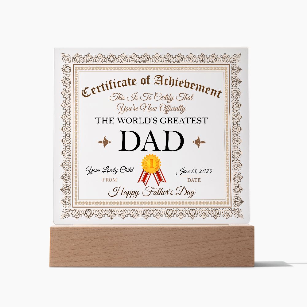 World's Greatest Dad Certificate Square Acrylic Plaque