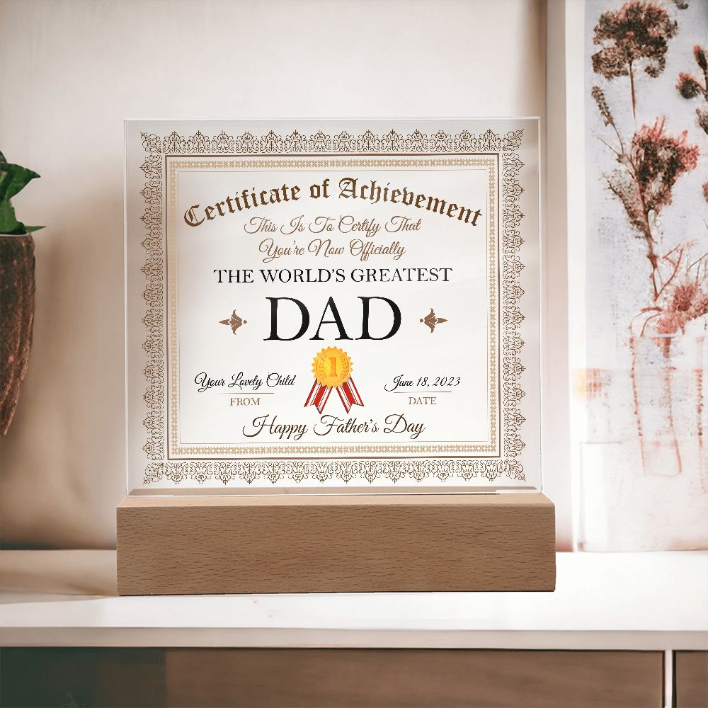 World's Greatest Dad Certificate Square Acrylic Plaque
