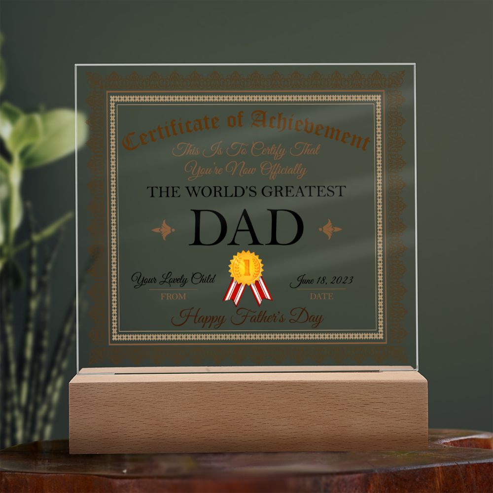 World's Greatest Dad Certificate Square Acrylic Plaque