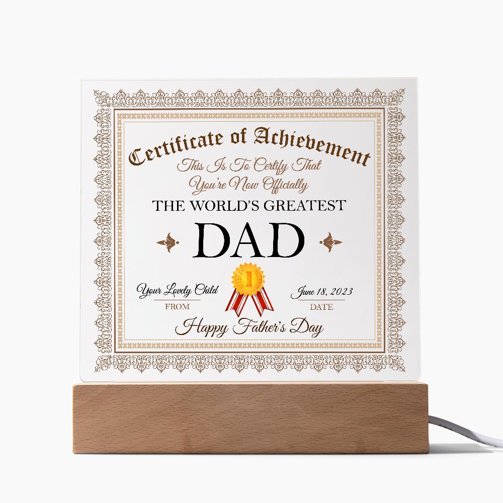 World's Greatest Dad Certificate Square Acrylic Plaque