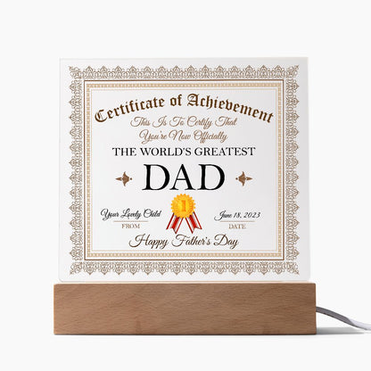 World's Greatest Dad Certificate Square Acrylic Plaque