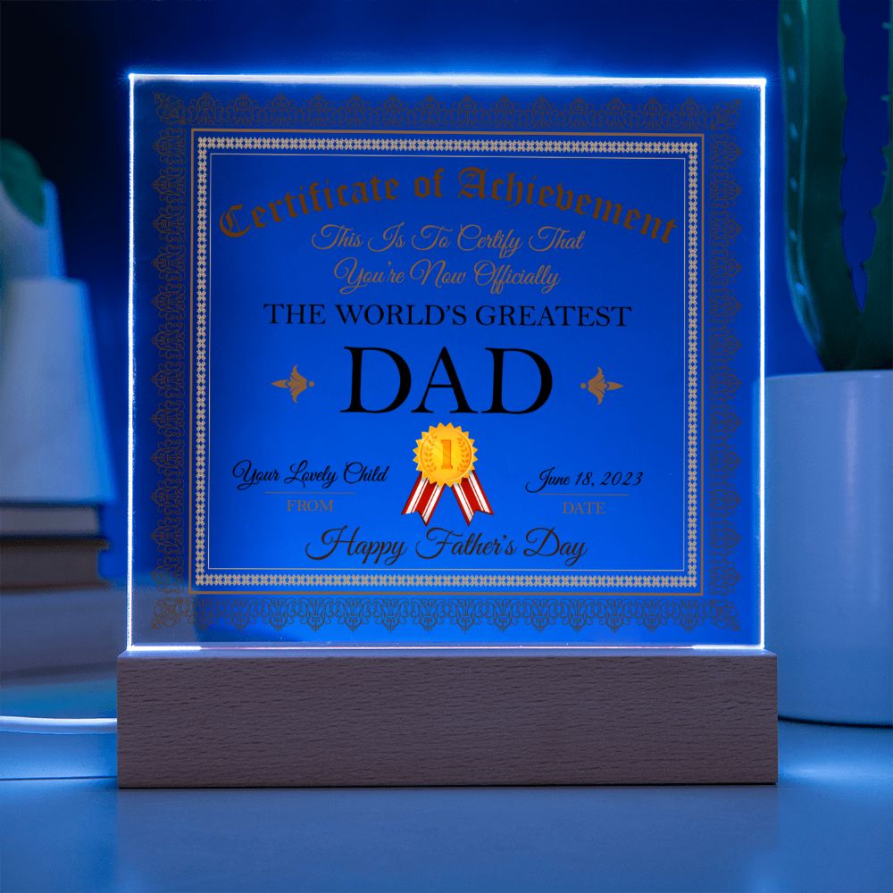 World's Greatest Dad Certificate Square Acrylic Plaque