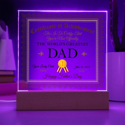 World's Greatest Dad Certificate Square Acrylic Plaque