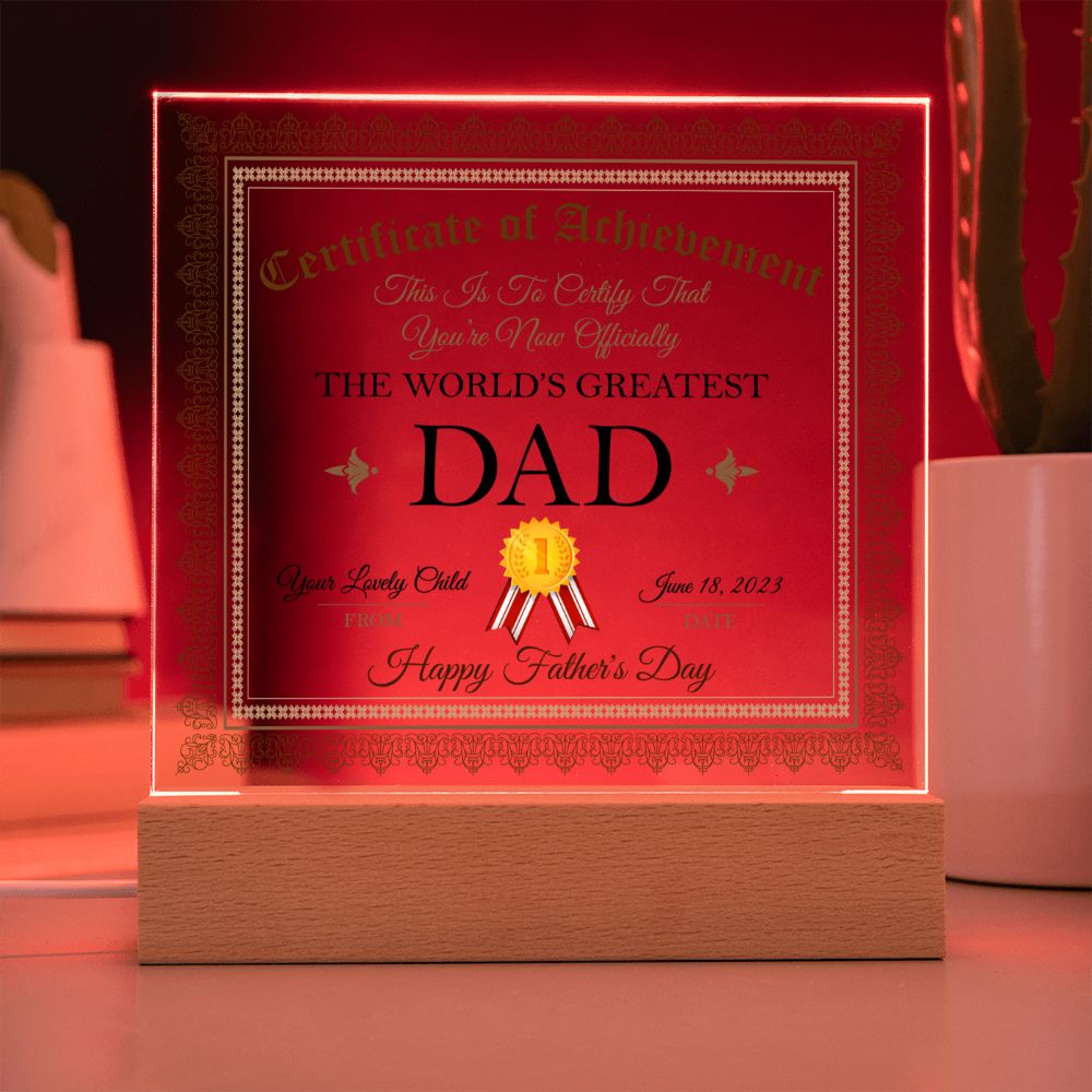 World's Greatest Dad Certificate Square Acrylic Plaque