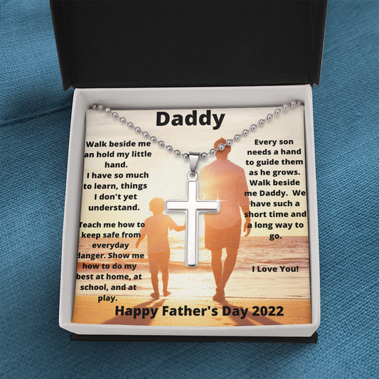 Daddy & Son Hold My Hand/ Stainless Cross Necklace w/ Ball Chain