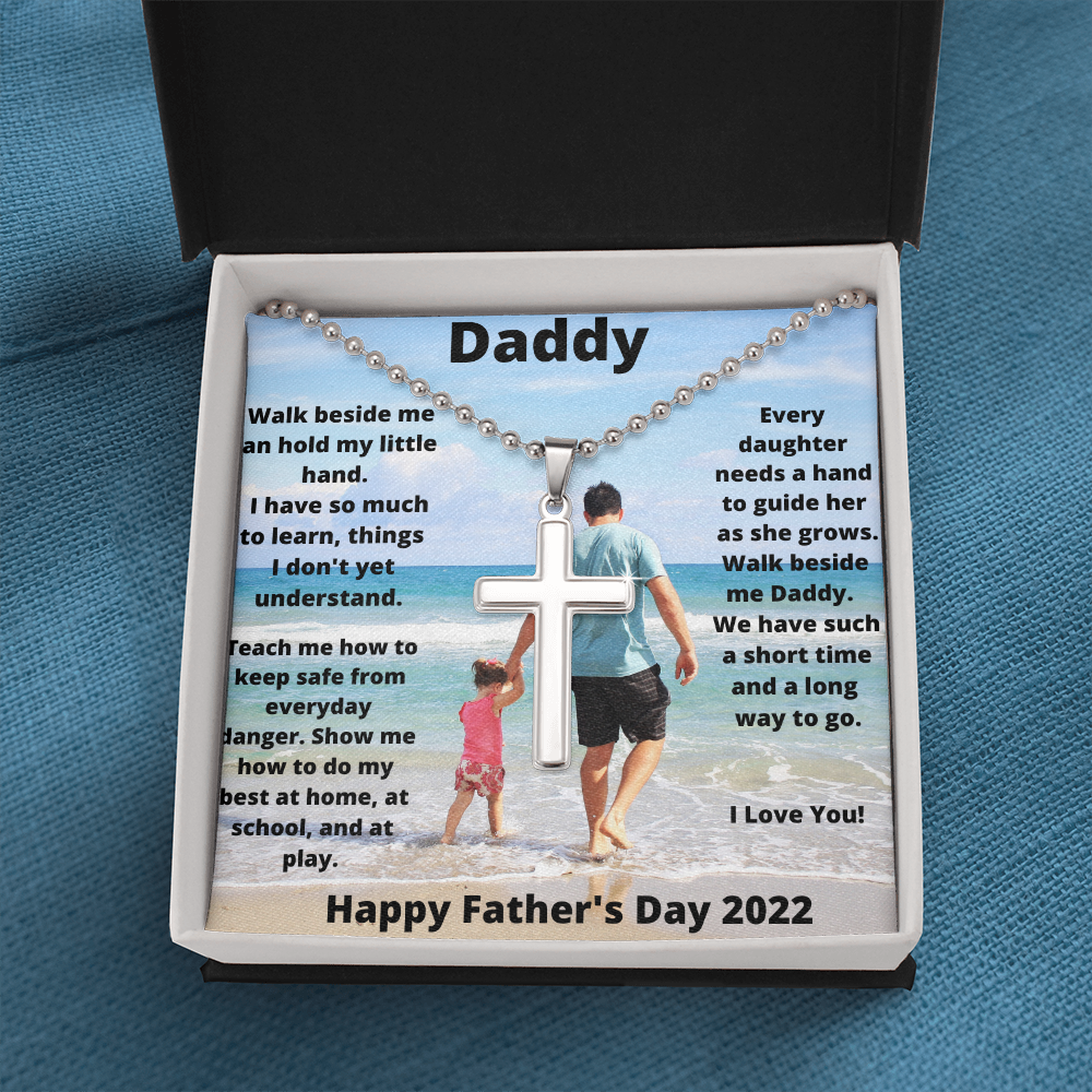 Daddy & Daughter Hold My Hand / Stainless Cross Necklace w/ Ball Chain