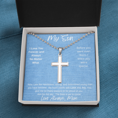 My Son No Matter What/ Stainless Cross Necklace with Ball Chain