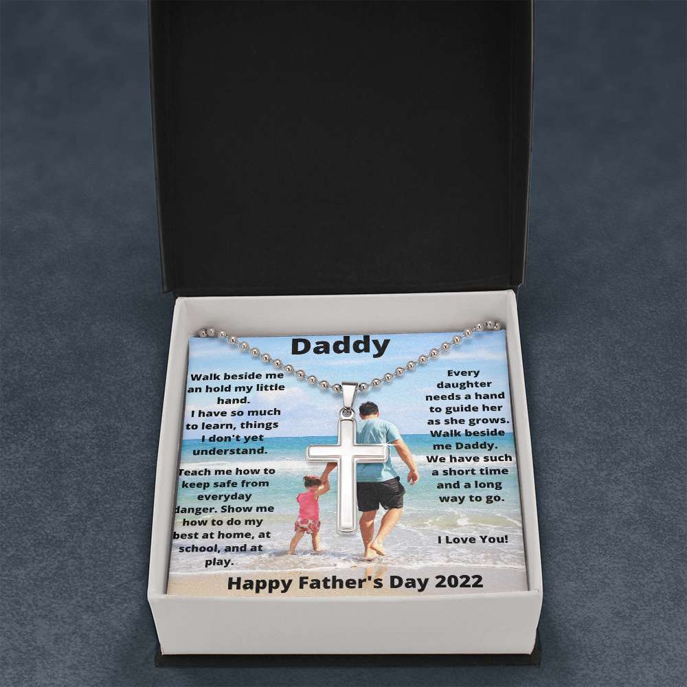 Daddy & Daughter Hold My Hand / Stainless Cross Necklace w/ Ball Chain