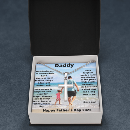 Daddy & Daughter Hold My Hand / Stainless Cross Necklace w/ Ball Chain