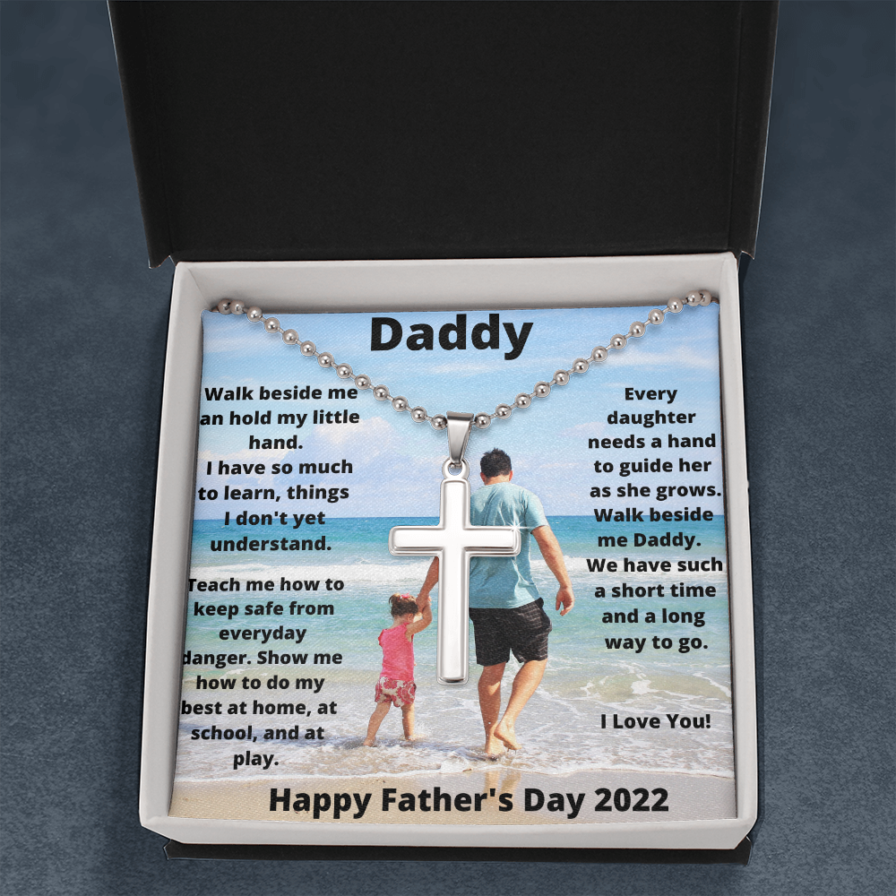 Daddy & Daughter Hold My Hand / Stainless Cross Necklace w/ Ball Chain