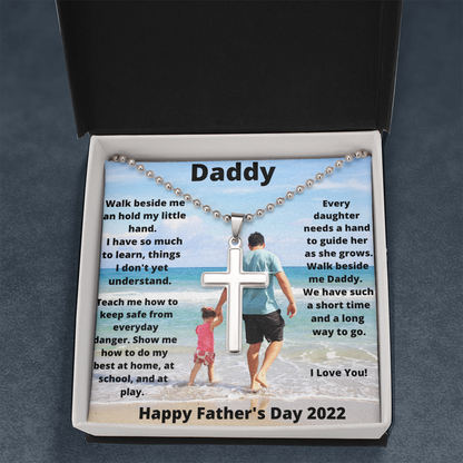 Daddy & Daughter Hold My Hand / Stainless Cross Necklace w/ Ball Chain
