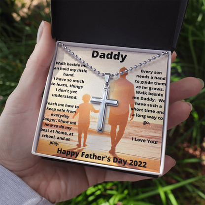 Daddy & Son Hold My Hand/ Stainless Cross Necklace w/ Ball Chain