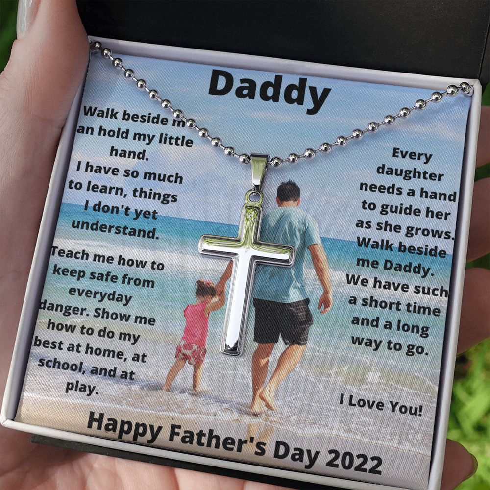 Daddy & Daughter Hold My Hand / Stainless Cross Necklace w/ Ball Chain