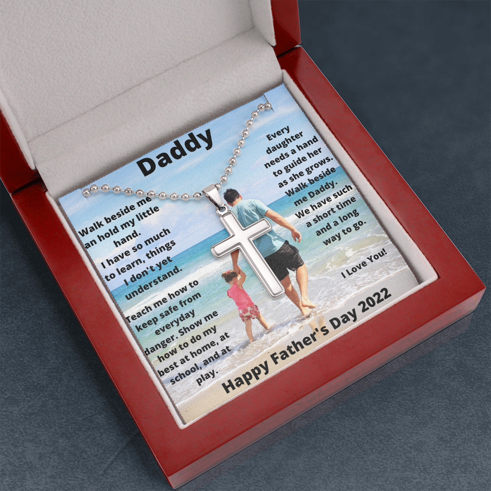 Daddy & Daughter Hold My Hand / Stainless Cross Necklace w/ Ball Chain